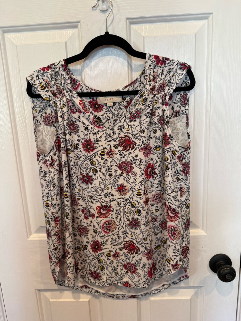 LOFT White Floral Top with Red and Yellow Accents